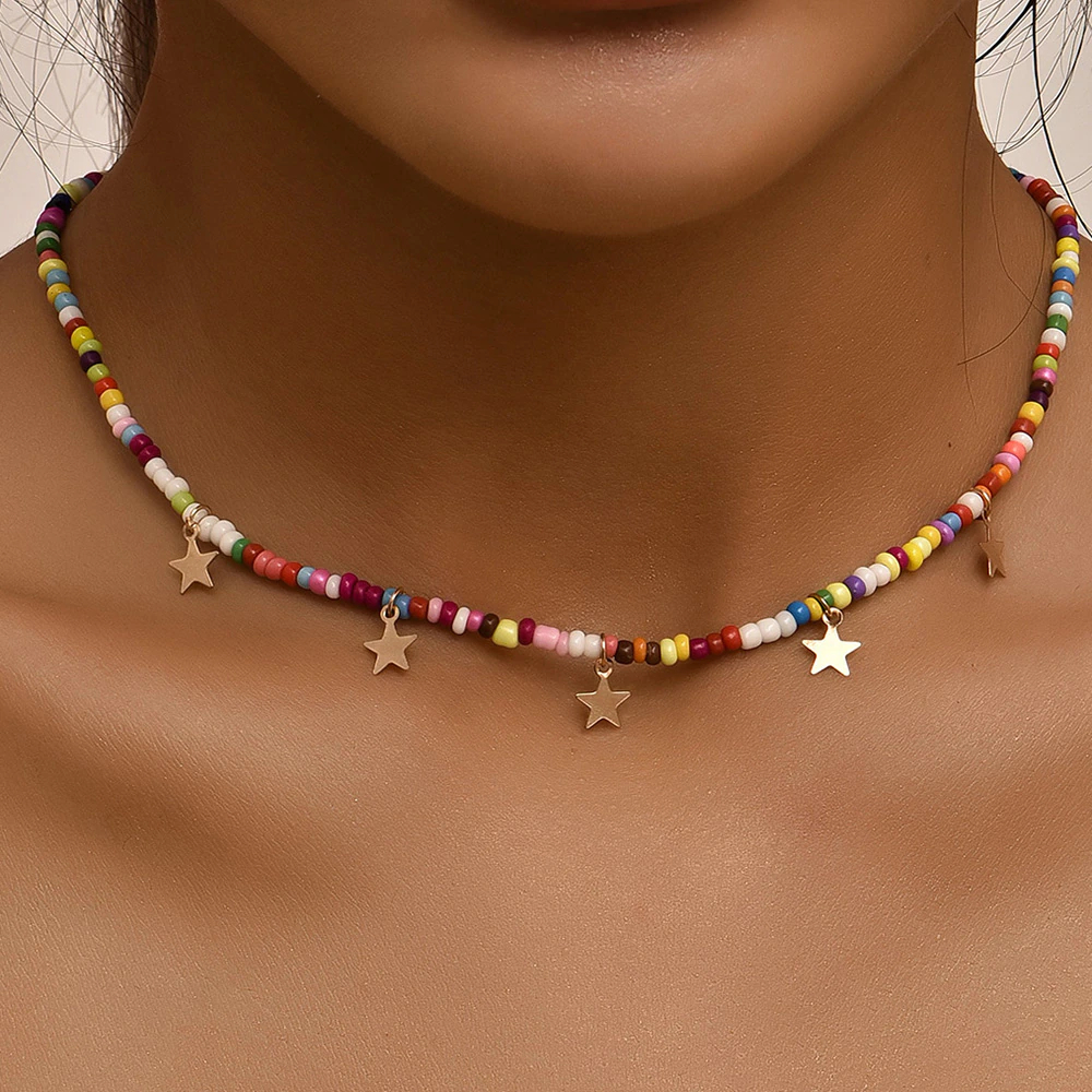 Collier bohème Vintage en perles colorées avec pampilles étoile