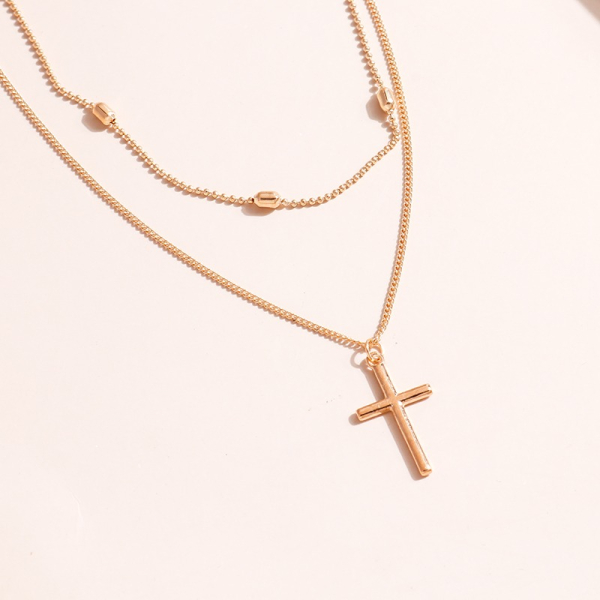 Collier croix double chaîne fine métal