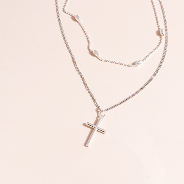 Collier croix double chaîne fine métal